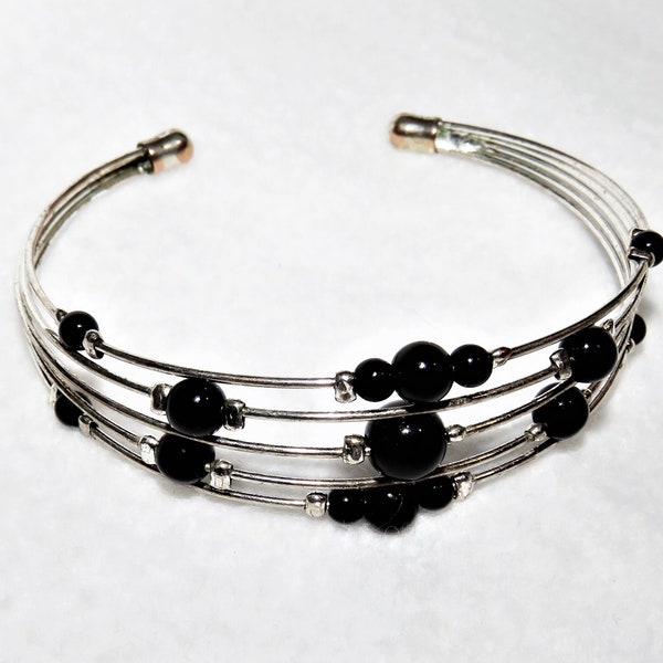 Silver Cuff Bracelet with 5 Wires with Black and Silver Beads Perfect for Dressy or Casual Occasion Cuff Bracelet Goes With Everything