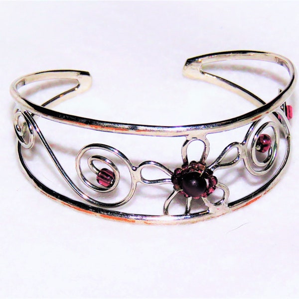 Silver Cuff Bracelet with Wire Wrapped Amethyst Purple Colored Beads 2 5/8" Diameter Perfect for Dressy or Casual Occasion Cuff Bracelet