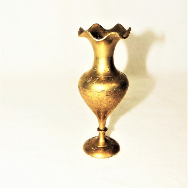 Brass Bud Vase 5"T x 2" W Opening for Flower Stem is 1/2" Engraved Design of Flowers Leaves Mini Bud Vas with Ruffled Wavy Edges