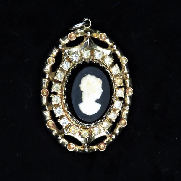 Cameo Pendant Gold Tone With Lab Created Diamonds Onyx Stone with Cameo in Relief Measures 1 3/4" x 1 1/4" Costume Jewelry Cameo Necklace