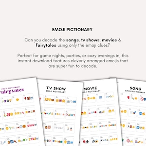 K&ouml;nnte beinhalten: Vier wei&szlig;e Papierausdrucke mit Emoji-R&auml;tseln f&uuml;r Songs, TV-Shows, Filme und M&auml;rchen. Der Text "EMOJI PICTIONARY" steht oben. Die Ausdrucke enthalten Emoji-Hinweise zum Entschl&uuml;sseln. Der Text lautet: "Kannst du die Songs, TV-Shows, Filme & M&auml;rchen nur mit den Emoji-Hinweisen entschl&uuml;sseln?"