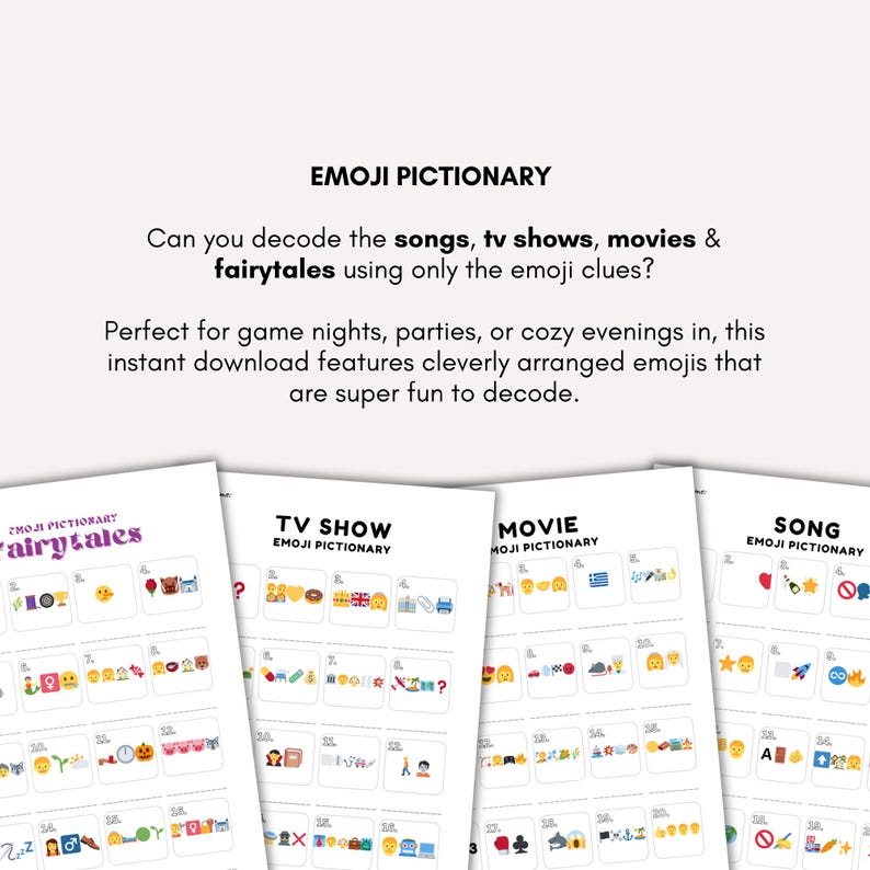 K&ouml;nnte beinhalten: Vier wei&szlig;e Papierausdrucke mit Emoji-R&auml;tseln f&uuml;r Songs, TV-Shows, Filme und M&auml;rchen. Der Text "EMOJI PICTIONARY" steht oben. Die Ausdrucke enthalten Emoji-Hinweise zum Entschl&uuml;sseln. Der Text lautet: "Kannst du die Songs, TV-Shows, Filme & M&auml;rchen nur mit den Emoji-Hinweisen entschl&uuml;sseln?"