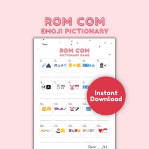 Puede incluir: Una hoja de juego imprimible con el título "ROM COM Emoji Pictionary Game". La hoja está dividida en 20 cuadrados, cada uno con un emoji. Los emojis están relacionados con las comedias románticas. La hoja está diseñada para un juego de pictionary.