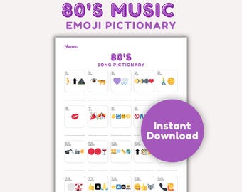 80s Music Emoji Pictionary, 80s Theme Party Games, Song Emoji Pictionary, Pub Quiz, Family Games Night, Quiz Emoji Round - Instant Download.