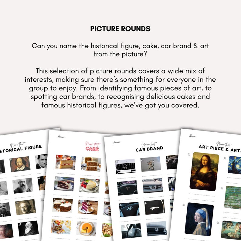 K&ouml;nnte beinhalten: Ein Satz von Spielb&ouml;gen mit dem Titel "PICTURE ROUNDS". Das Spiel umfasst Kategorien wie historische Pers&ouml;nlichkeiten, Kuchen, Automarken und Kunst. Der Text lautet: "K&ouml;nnen Sie die historische Figur, den Kuchen, die Automarke und die Kunst aus dem Bild benennen?"