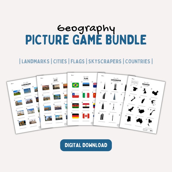 Geographie Quiz Bundle Game Pack, druckbares Bilderspiel, Wahrzeichen, Flaggen der Welt, Landformen, Geographie-Trivia