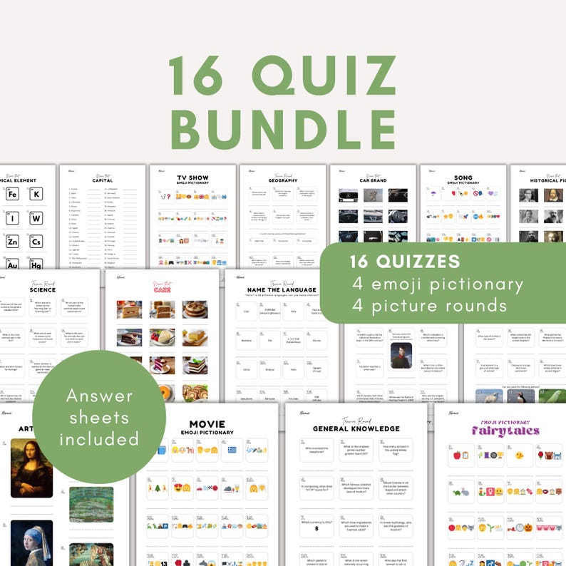 K&ouml;nnte beinhalten: Ein Bundle mit 16 Quiz-Bl&auml;ttern zu verschiedenen Themen, darunter Wissenschaft, Kunst und Allgemeinwissen. Die Quizze beinhalten Emoji-Pictionary und Bildrunden. Der Text "16 QUIZ BUNDLE" steht oben.