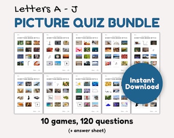Lot de quiz en images : jeux-questionnaires A-J, soirée quiz en famille (téléchargement instantané)