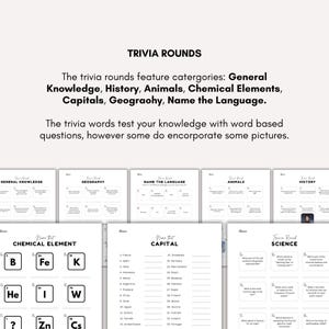 K&ouml;nnte beinhalten: Trivia-Runden-Bl&auml;tter mit Kategorien wie Allgemeinwissen, Geschichte und Tiere. Die Bl&auml;tter enthalten Fragen und Aufforderungen f&uuml;r Quizspiele. Der Text auf den Bl&auml;ttern lautet "TRIVIA ROUNDS". Die Trivia-Runden testen Ihr Wissen mit wortbasierten Fragen.