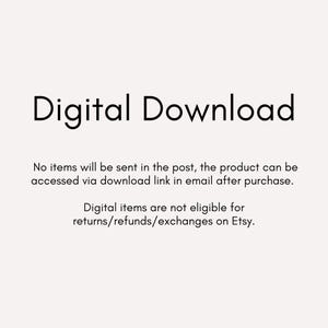 K&ouml;nnte beinhalten: Grafik f&uuml;r digitalen Download mit dem Text "Digital Download" in fetter, schwarzer Schrift. Zus&auml;tzlicher Text erkl&auml;rt, dass keine physischen Artikel versendet werden und digitale Artikel nicht f&uuml;r R&uuml;ckgaben oder Umtausch auf Etsy berechtigt sind.