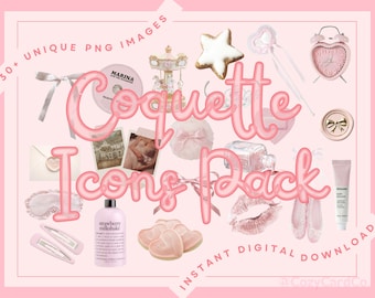 Könnte beinhalten: Ein rosa-weißes digitales Download-Paket mit über 30 einzigartigen PNG-Bildern namens "Coquette Icons Pack". Die Bilder beinhalten einen Stern, einen Zauberstab, einen Wecker, eine Schleife, ein Karussell, eine Flasche Lotion, ein Paar Ballerinas, ein Paar Haarklammern, eine Flasche Duschgel, ein Paar herzförmige Kekse, ein Paar Lippen, eine Schlafmaske und einen Umschlag mit einem Siegel.