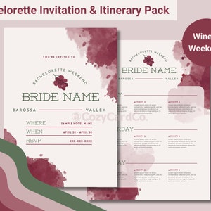Modern Winery Weekend Bachelorette Invitation & Itinerary Pack INSTANT DOWNLOAD Hens Night Bridal Party Wine Tasting Wedding Girls Trip DIY