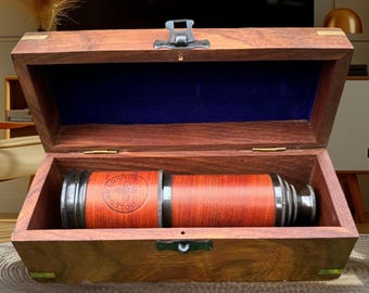 Personalized Antique Brass Telescope: Engraved Spyglass with Wooden Box