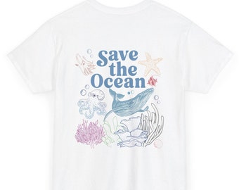 Save the Ocean Tshirt with Marine Animals and Corals Front and Back Print, Marine Biologist Shirt, Biologist Gift for Women, Beachy Shirt.