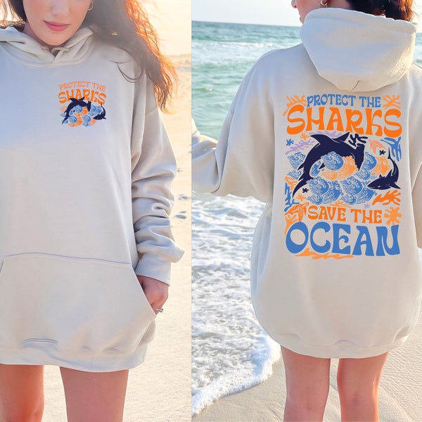 VSCO Sweatshirt with "Protect the Sharks Save the Ocean" Front and Back Print, Trendy VSCO Hoodie for Marine Biologist, Beachy Hoody.