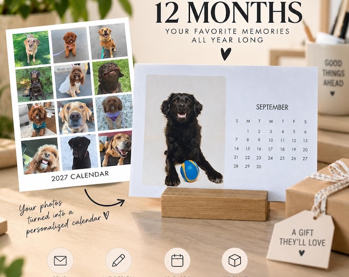 Personalized Photo Desk Calendar 2027, Custom Family or Pet Photo Calendar, Personalized Gift with Wood Stand