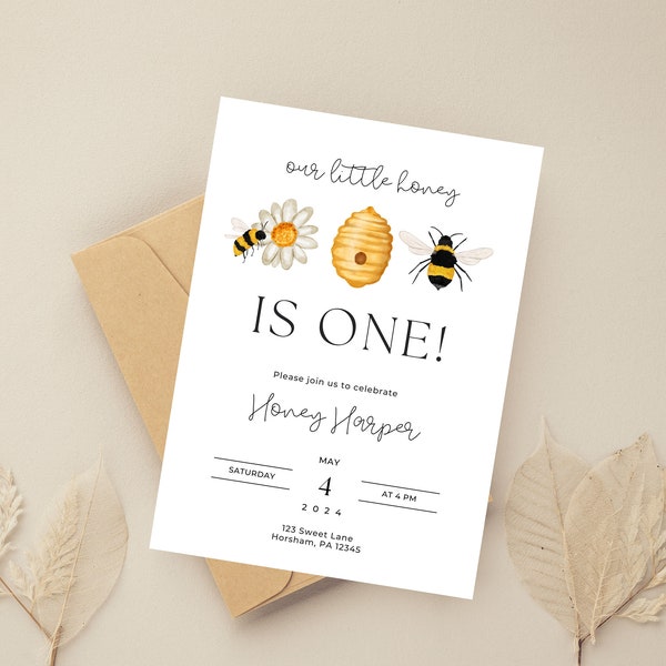 Bee Theme First Birthday Invitation, Our Little Honey Party Invite, Bee Birthday, Honeycomb Celebrations, First Birthday