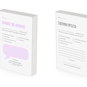 May include: A white printable checklist for speech therapy sessions. The checklist includes a section for the date, a title "Today in Speech", and a list of speech therapy areas to check off, including receptive language, expressive language, social skills, other fluency (voice, etc.), and speech sounds. The checklist also includes a space for notes and a thank you message from the speech-language pathologist.