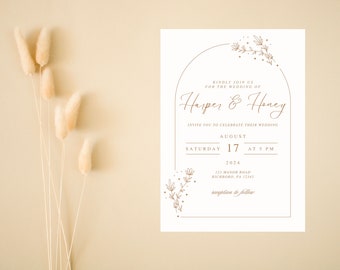 Simple Floral Modern Wedding Invitation Set, Elegant Floral Invite, Minimalist Wedding Card