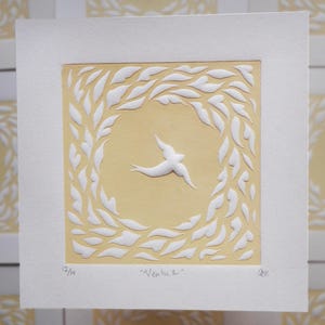 Embossed Art Print | Ventus | original lino print of a bird surrounded by spring leaves | limited edition of 14