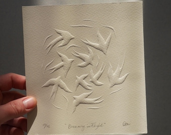 Embossed Minimalist Lino Print of Birds in Flight | original linocut fine art wall print | limited edition