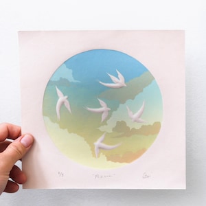 Embossed Art Print | Azure | Birds in Flight |  Lino Print | Hand-Carved Block Print | Limited edition of 8