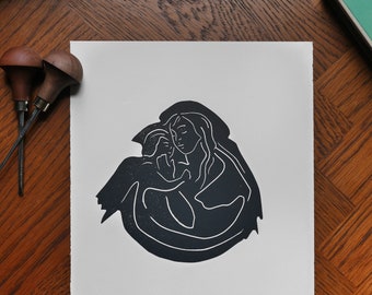 Embrace | Original Lino Print | limited edition illustration celebrating motherhood