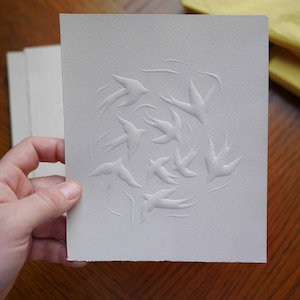 Embossed Minimalist Lino Print of Birds in Flight | original linocut fine art wall print | limited edition