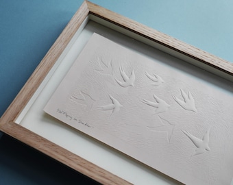 Flying in Shadow | Minimalistic Embossed Bird Linoprint | fine art wall print | limited edition