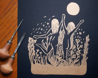 Wildflowers | Original Lino Print | Metallic Gold - limited edition illustration of two friends dancing under the moon