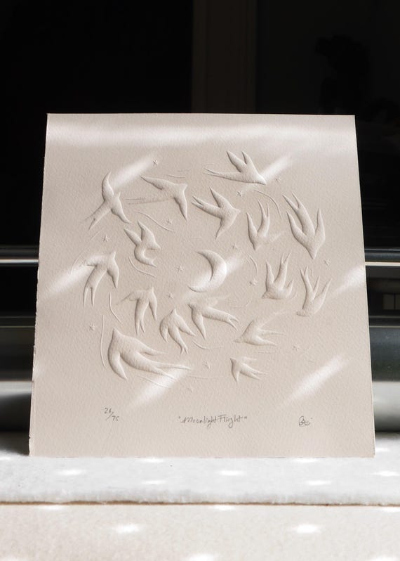 Embossed Birds in Flight Lino Print: Minimalist Moonlight Linocut Art