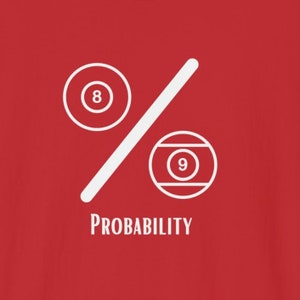 May include: White graphic on a red background of a pool ball with the number 8 and a pool ball with the number 9, with a diagonal line through them, forming a percentage symbol. The text "PROBABILITY" is below the graphic.