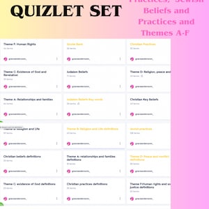 May include: A colourful chart with the title "GCSE THEOLOGY QUIZLET SET" and lists of different themes related to religion, including "Human Rights", "Existence of God and Revelation", "Relationships and Families", "Religion and Life", "Christian Beliefs", "Judaism Beliefs", "Christian Practices", "Religion, peace and", "Christian Key Beliefs", "Jewish Practices", "Peace and Conflict", and "Human Rights and Social Justice".