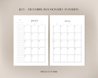 July - December 2023 Monthly A5 Inserts | Aesthetic Printable Planner Inserts | Minimalist Design | Instant Download | A5