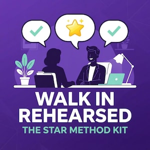 May include: A purple graphic illustration featuring two silhouettes at a desk with speech bubbles containing two green checkmarks and a yellow star. The text reads WALK IN REHEARSED THE STAR METHOD KIT in white and light green lettering.