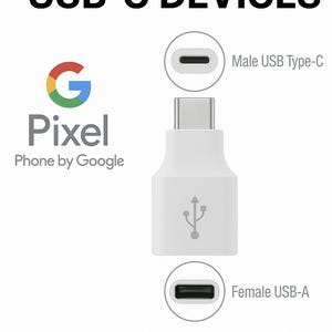 Könnte beinhalten: Weißer USB-C-Adapter mit USB-A-Buchse, mit dem Google Pixel-Logo und dem Text "UNLOCK USB-C DEVICES". Der Adapter dient zum Anschließen von USB-C-Geräten.