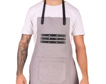 Handmade Kitchen Canvas Apron with Leather Adjustable Strap and 2 pocket for Gardeners or Florist Woodworkers Carpenters chief etc