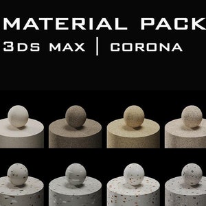 Peut inclure: Un ensemble de 10 textures de matériaux en terrazzo différentes pour le moteur de rendu 3ds Max Corona. Les textures présentent différentes couleurs et motifs, notamment beige, gris, blanc et vert.