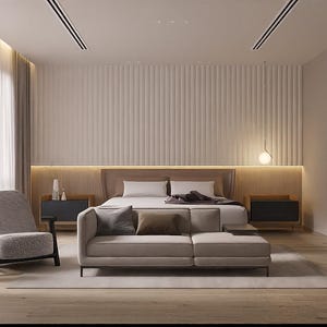 Puede incluir: Interior de dormitorio moderno con una cama con ropa de cama blanca, un sofá de color claro y un sillón estampado. La habitación tiene una paleta de colores neutros con detalles en madera, una gran ventana con cortinas transparentes y un diseño minimalista.