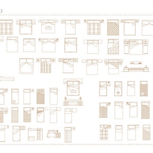 May include: A set of 36 black and white line drawings of different bed styles and configurations. The drawings include beds with headboards, footboards, side tables, and other furniture. The drawings are labeled "Bed Set 3".