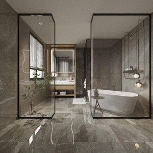 Op de afbeelding: Een moderne badkamer met een grote inloopdouche, een vrijstaand bad en een wastafel met spiegel. De badkamer heeft een grijze marmeren vloer en wanden, en de douche en het bad zijn omsloten door glas.