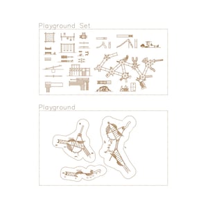 Puede incluir: Un dibujo a línea de un conjunto de juegos con varios componentes, incluyendo un tobogán, una estructura de escalada, un columpio y un arenero. El dibujo está en marrón y blanco y está etiquetado como "Playground Set". Debajo del dibujo hay una vista en planta de un patio de recreo con tres áreas de juego diferentes, etiquetadas como "Playground".