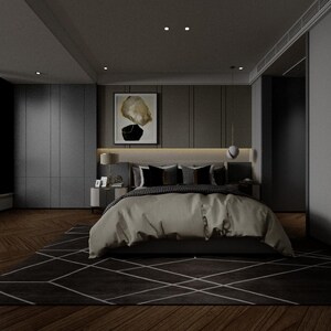 Op de afbeelding: Een moderne slaapkamer met een kingsize bed met een beige dekbed en zwart-witte kussens met patronen. De kamer heeft donkergrijze muren, een groot raam en een zwart-witte vloerkleed met patronen.