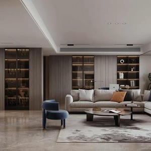 Puede incluir: Un salón moderno con un gran sofá seccional en tela gris claro, una mesa de centro con tapa de vidrio y una gran ventana con vista a la ciudad. La habitación está decorada con una estética minimalista, con una paleta de colores neutros y muebles elegantes.