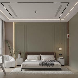Op de afbeelding: Een moderne slaapkamer met een groot raam, witte gordijnen, een bed met witte lakens en een zwarte deken, en twee nachtkastjes met lampen.