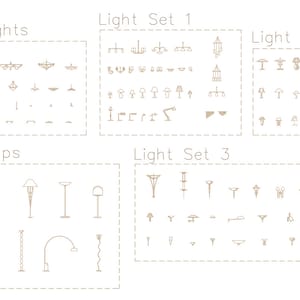 Op de afbeelding: Een set lijntekeningen van verschillende soorten lampen, waaronder plafondlampen, staande lampen en lampensets. De tekeningen zijn in een eenvoudige, minimalistische stijl en zijn gelabeld met het type lamp.