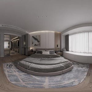 Op de afbeelding: Een moderne slaapkamer met een groot bed, een grijs hoofdeinde en een grijs en wit gestreept tapijt. De kamer heeft een groot raam met witte gordijnen en een grijze muur met een zwart ingelijst schilderij.
