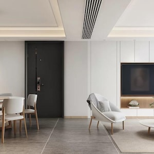 Puede incluir: Un salón moderno con un esquema de color blanco y gris. La sala cuenta con un televisor de pantalla plana grande, una mesa de comedor con sillas y un sofá cómodo. La sala está decorada con plantas y un reloj.
