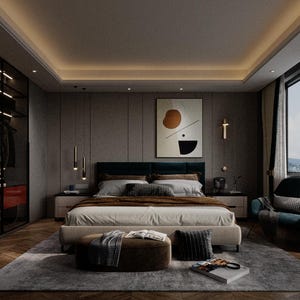 Puede incluir: Un dormitorio moderno con una cama grande, una pared gris oscuro y una ventana grande con vista a la ciudad. La cama tiene una cabecera verde oscuro y un edredón blanco. Hay una mesa pequeña junto a la cama con una lámpara encima. Hay una silla en la esquina de la habitación con un cojín encima. La habitación está decorada con una gran pintura abstracta en la pared.