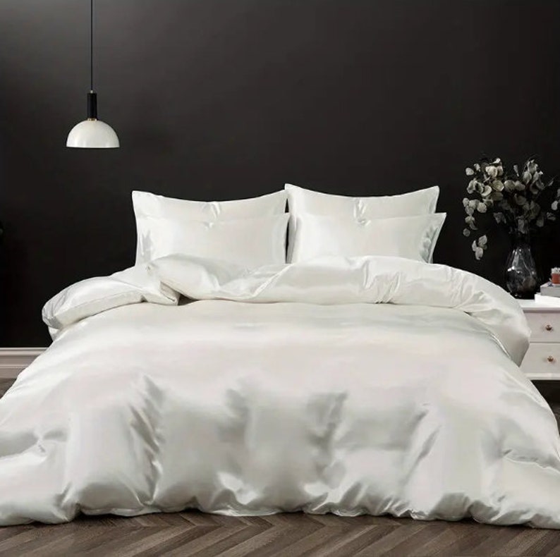 3 Pc White Satin Luxury Bedding Set for Bedroom, Bedding Set for